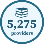 A blue infographic of stacked books over the description saying "5,275 providers".