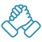 Blue icon of two hands holding, representing support.