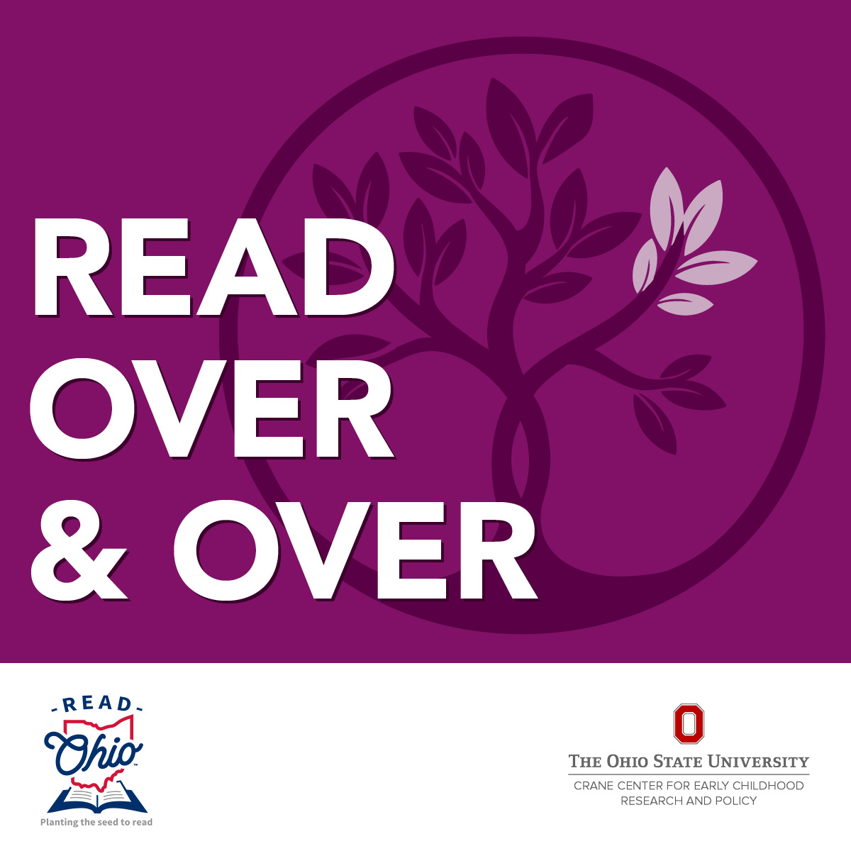 Read Together, Grow Together tree logo in one color (purple) with the words "read over & over" on top.