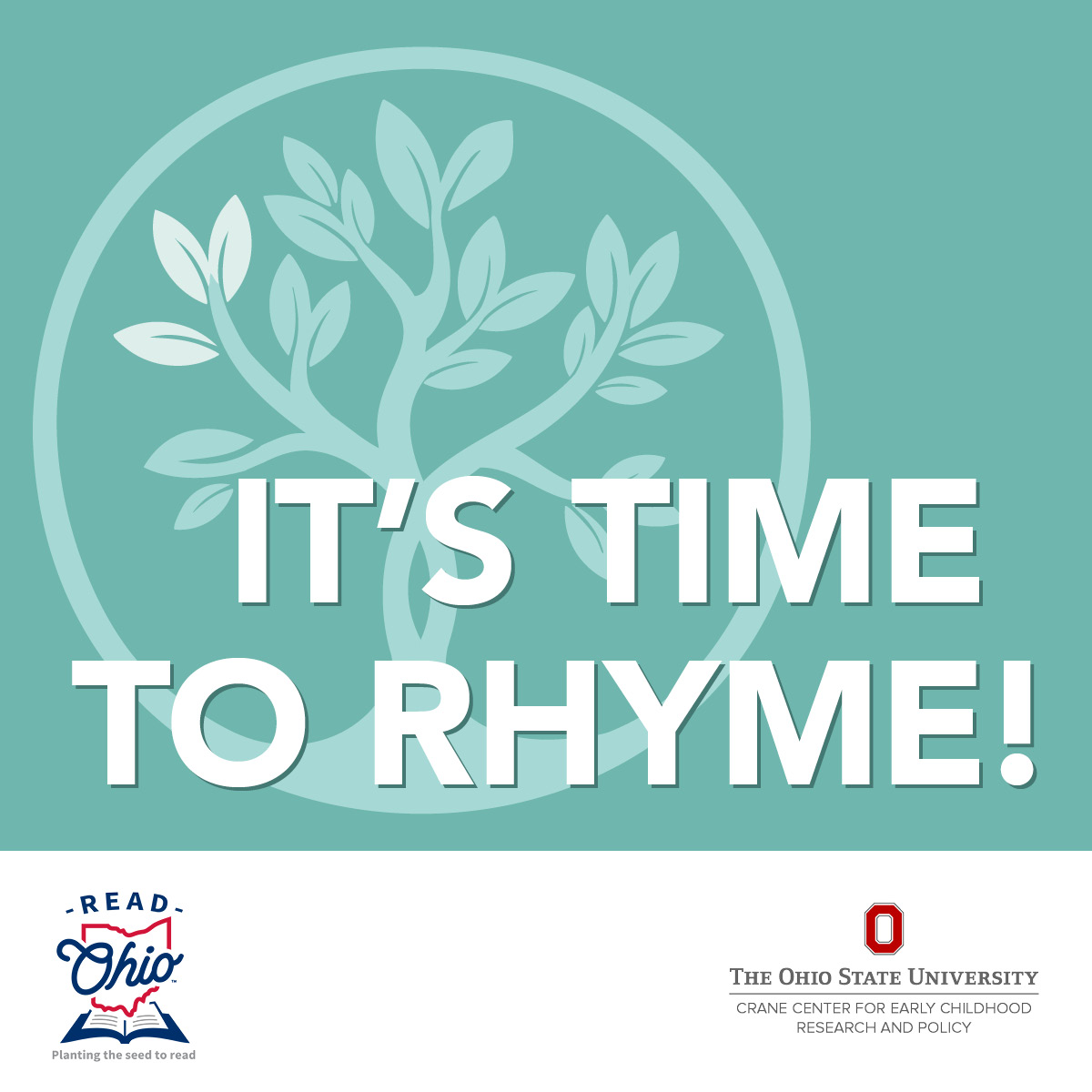 Read Together, Grow Together tree logo in one color (teal) with the words "it's time to rhyme" on top.