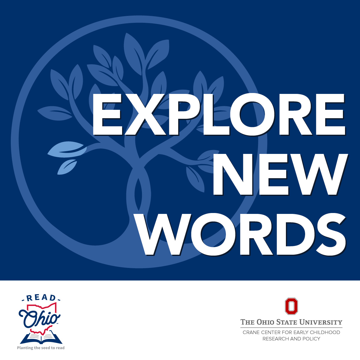 Read Together, Grow Together tree logo in one color (navy) with the words "explore new words" on top.