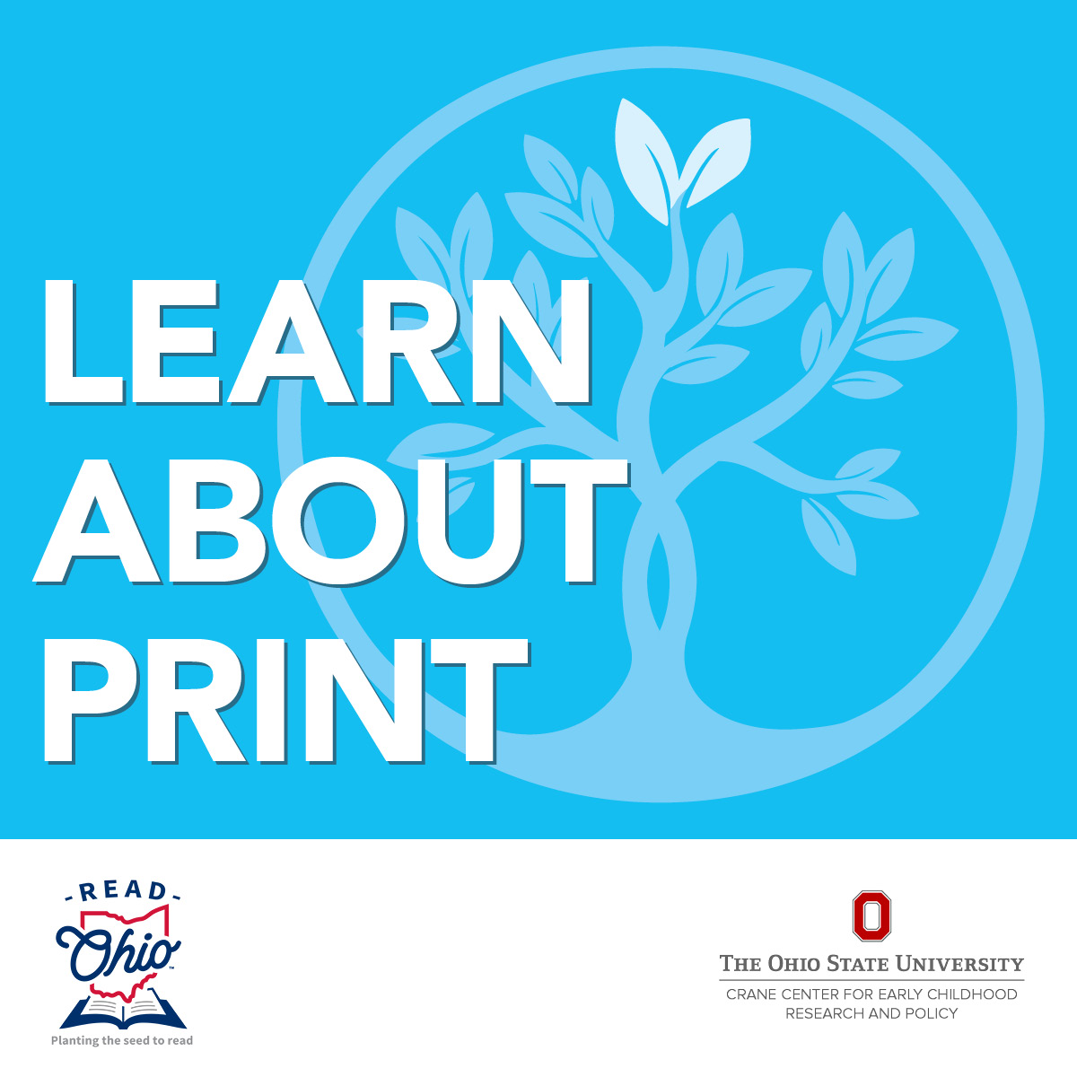 Read Together, Grow Together tree logo in one color (light blue) with the words "learn about print" on top.