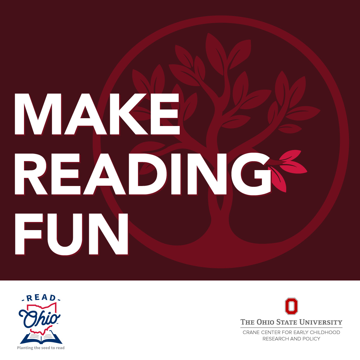 Read Together, Grow Together tree logo in one color (red) with the words "make reading fun" on top.