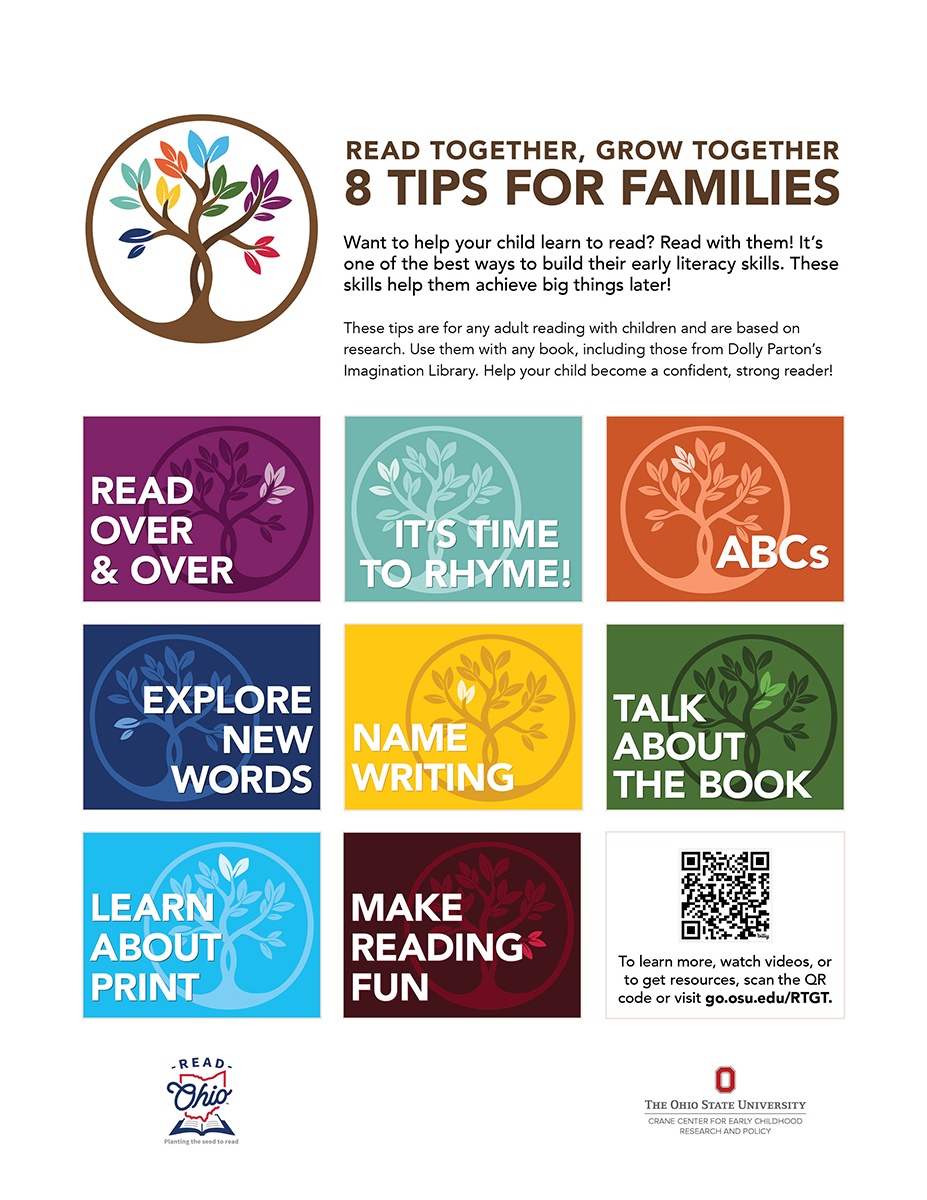 Read Together Grow Together tree logo in a circle with graphic images of each of the 8 tips, each being a different color.