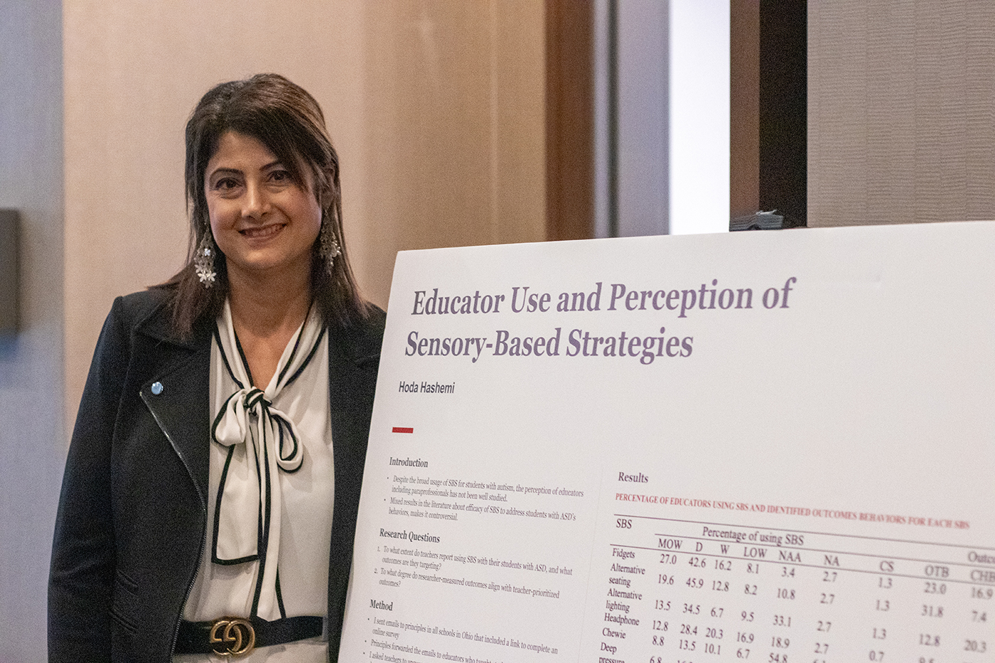 Hoda Hashemi stands next to a poster describing research she conducted on educator use and perception of sensory-based strategies. The poster was displayed at the 2023 Crane Symposium on Children.