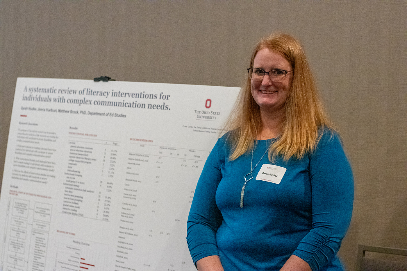 Sarah Hudler, a graduate research associate at Ohio State's Crane Center for Early Childhood Research and Policy, stands next to a poster presenting research she conducted on literary interventions for individuals with complex communication needs. The poster was displayed at the 2023 Crane Symposium on Children.