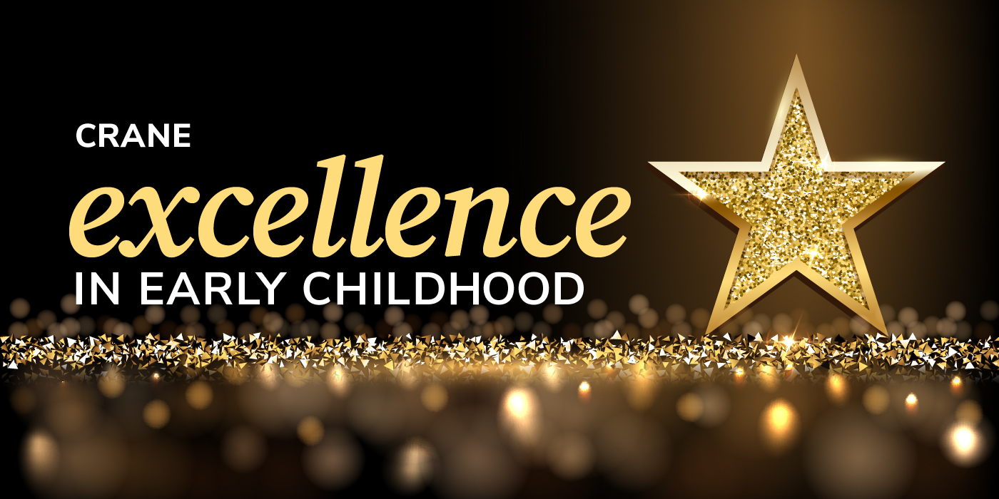 Dark background with twinkle lights and a gold shiny star Crane Excellence in Early Childhood awards name to the left.