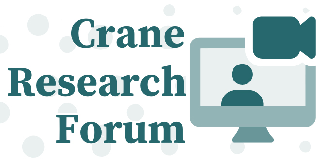 A logo with the words "Crane Research Forum" showing a drawing of a computer monitor with a stylized image of a head and shoulders inside the monitor and a stylized image of a video camera at the top right of the monitor.