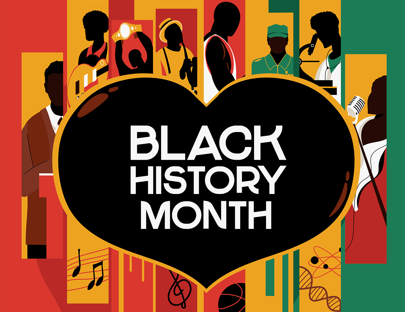 A drawing to celebrate Black History Month, showing stylized images of various professions, from science, teaching and music, to athletics and the military
