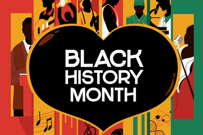 A drawing to celebrate Black History Month, showing stylized images of various professions, from science, teaching and music, to athletics and the military.
