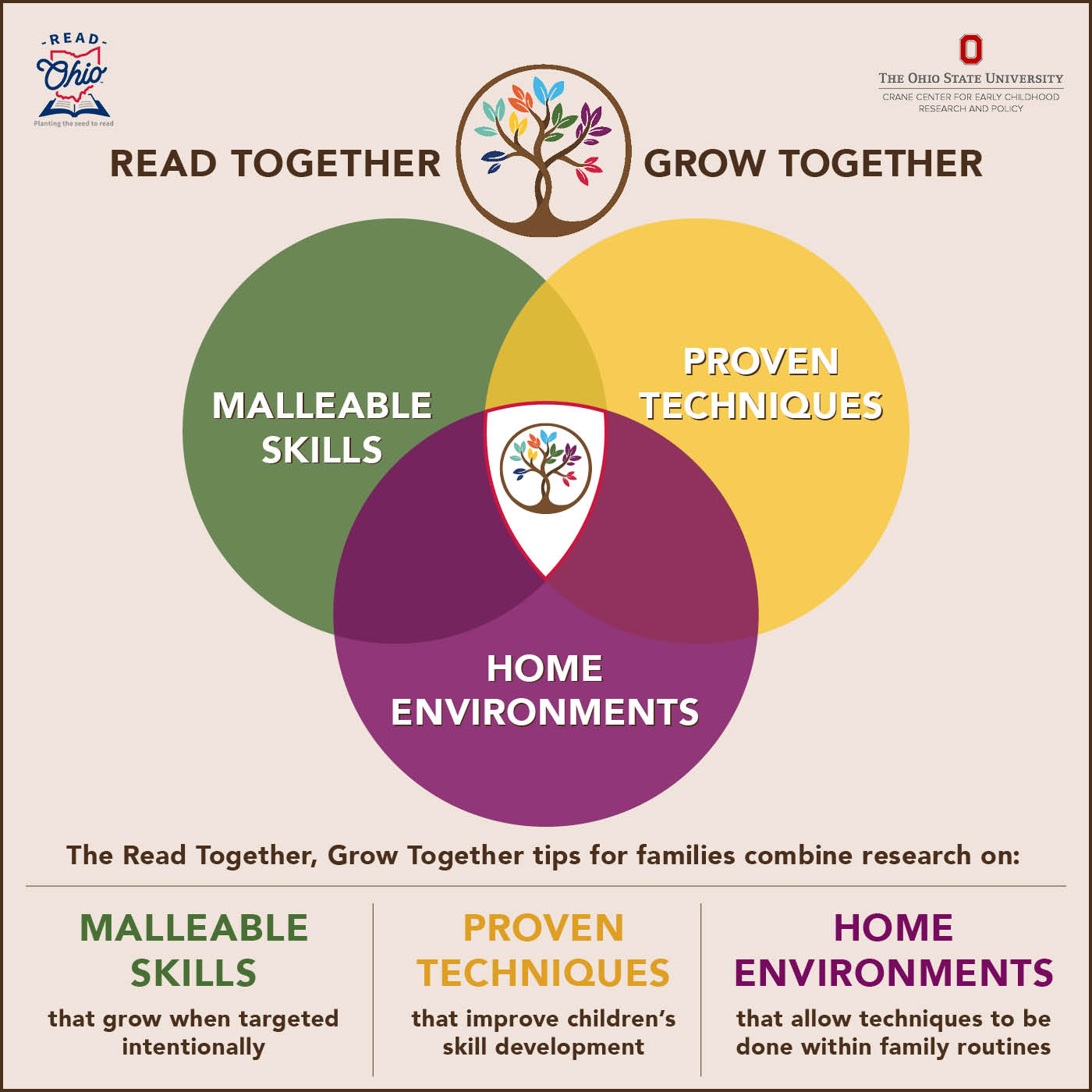 Venn diagram showing where malleable skills, proven techniques, and home environments overlap to form the Read Together, Grow Together tips for families.