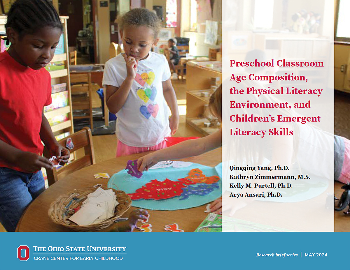The cover of the PDF of the research brief "Preschool Classroom Age Composition, the Physical Literacy Environment, and Children's Emergent Literacy Skills," from the Crane Center for Early Childhood Research and Policy at The Ohio State University