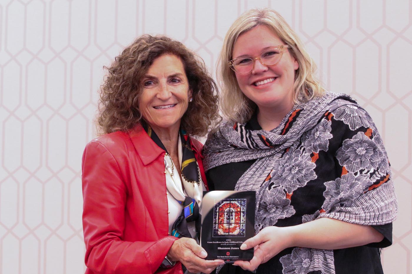 Tanny Crane, left, stands with Lynanne Gutierrez, President & CEO of Groundwork Ohio, who accepted the Crane Excellence in Early Childhood Award for Policy on behalf of award winner Shannon Jones, Groundwork Ohio senior advisor.