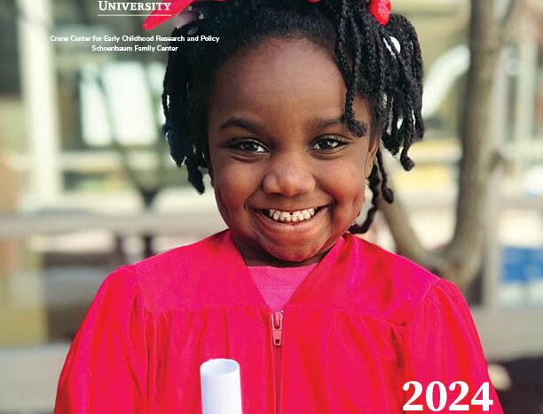 Image of the cover of the report with a photo of a preschooler posing outside for a graduation portrait while wearing a red cap and gown and holding a paper diploma.