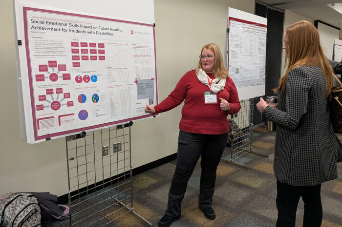 A woman points to a poster on an easel that describes a research project. The woman is explaining the project to another woman standing in front of her. The title of the poster is "Social Emotional Skills Impact on Future Reading Achievement for Students with Disabilities."